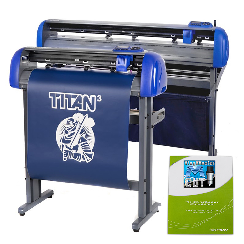 Two blue-and-gray vinyl cutters, one displaying a dark blue “TITAN³” vinyl sheet, beside a VinylMaster CUT booklet.