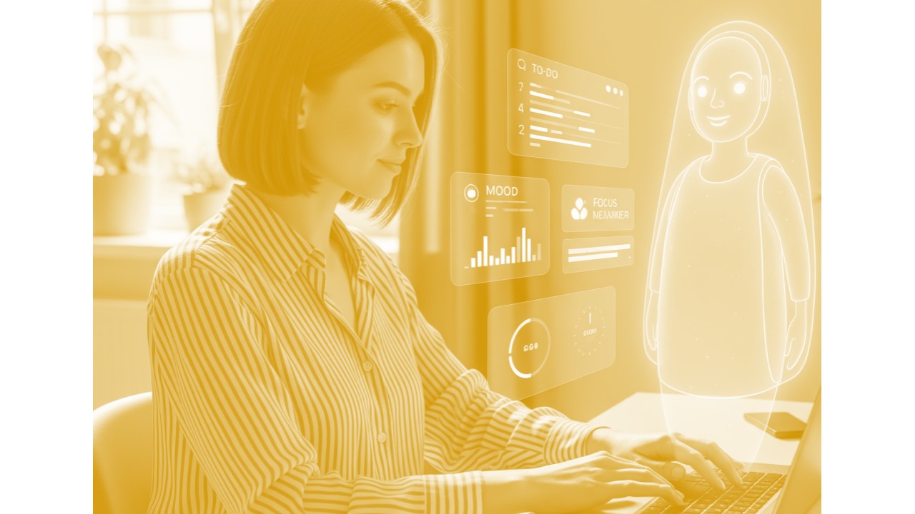person sitting at a desk typing on a keybord with virtual model of a person in the background