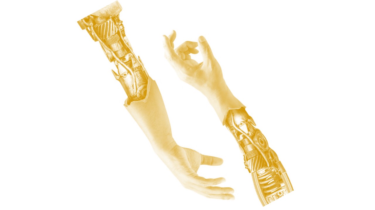 two prosthetic arms with bioskin attached