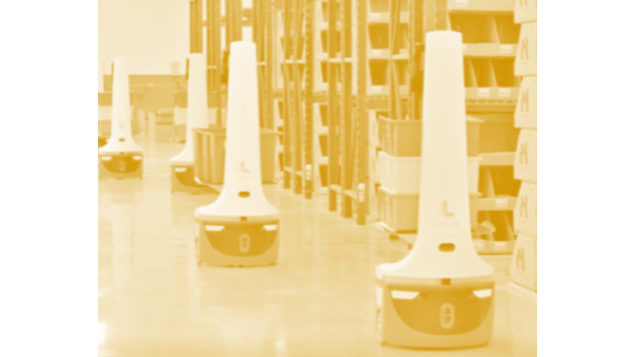 robots navigating rows of invetory