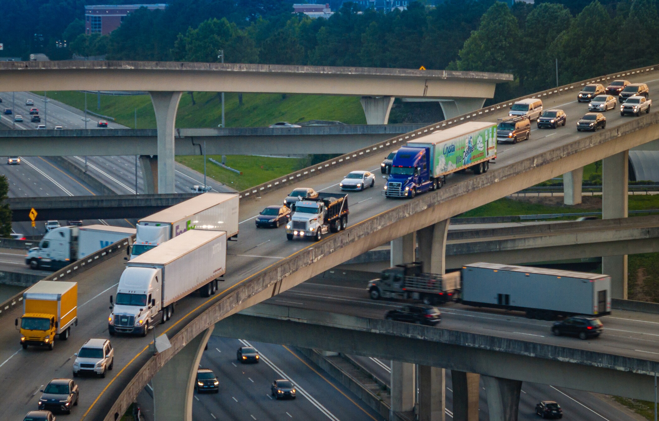 cars and trucks on the highway.