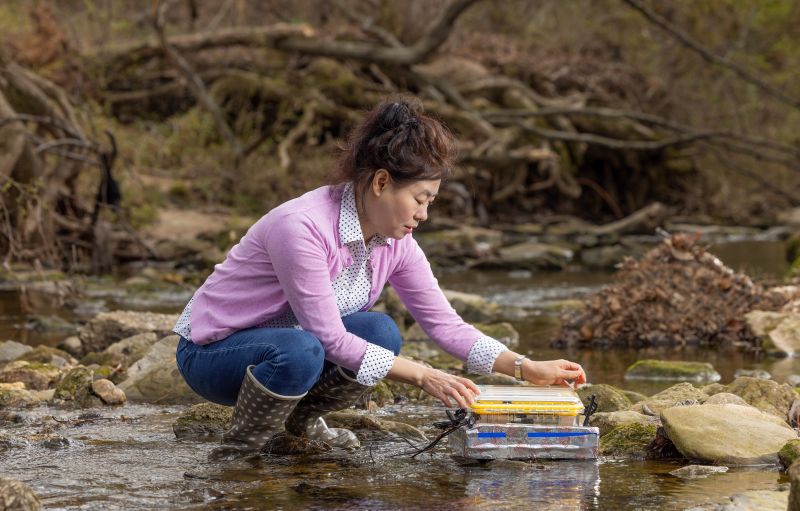 Researcher collecting data with equipment in a rocky stream