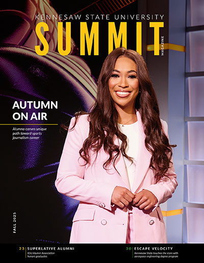 A woman in a pink suit stands smiling on the cover of Kennesaw State University’s SUMMIT magazine, featuring the headline “Autumn on Air” and highlights about alumni and university programs.