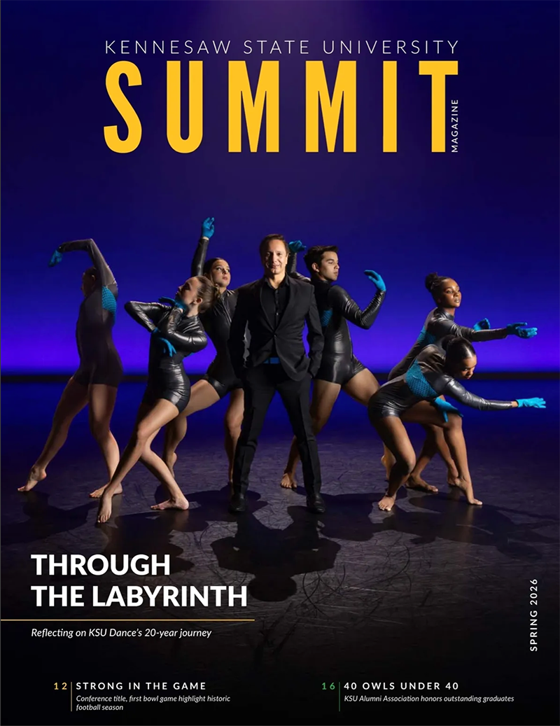 Cover of Kennesaw State University's "Summit" magazine with dancers in dynamic poses against a vibrant purple background. Title reads "Through the Labyrinth."