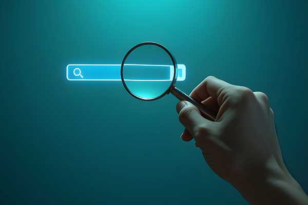 a hand with magnifying glass over a search bar
