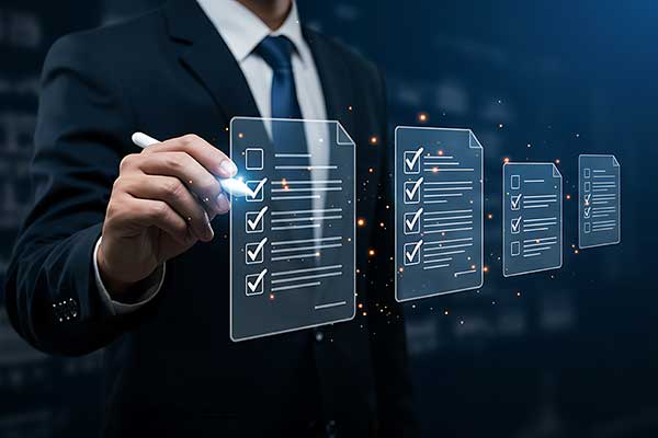 man in suit checking boxes on computer screen lists