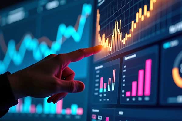 hand pointing to data and analytics dashboard on computer screen