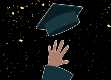 hand throwing graduation cap in the air while gold confetti falls