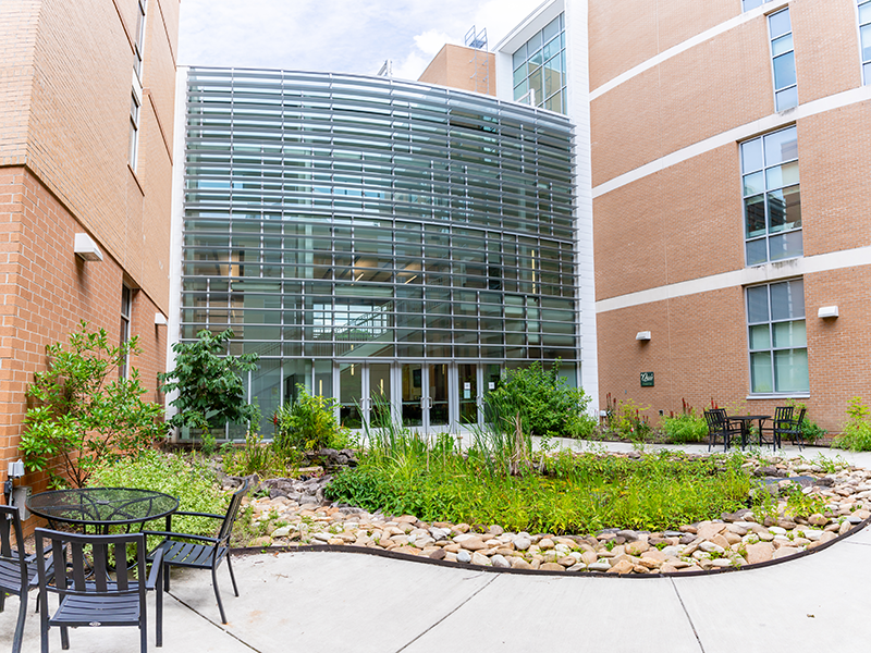 garden outside building with round tables and chairs