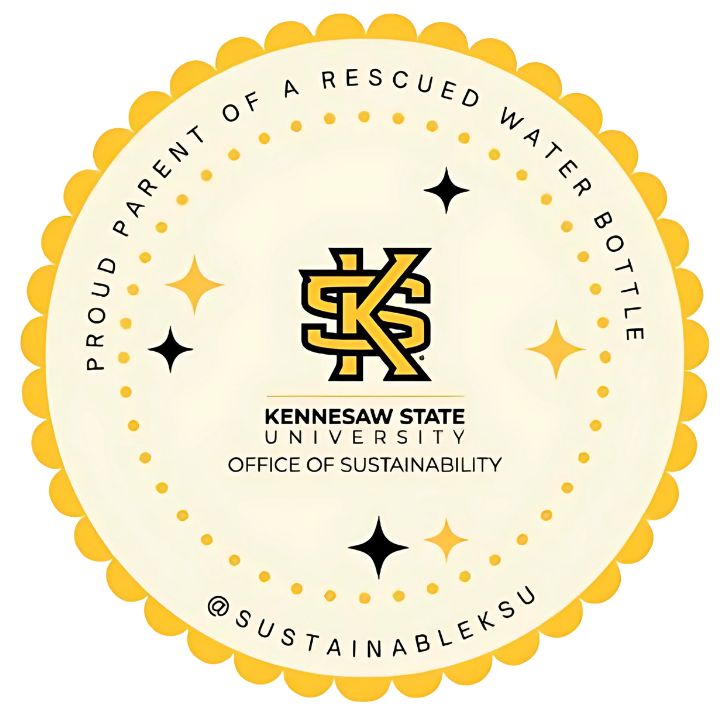 Kennesaw State University Office of Sustainability badge with text ‘Proud Parent of a Rescued Water Bottle’ and handle @SustainableKSU