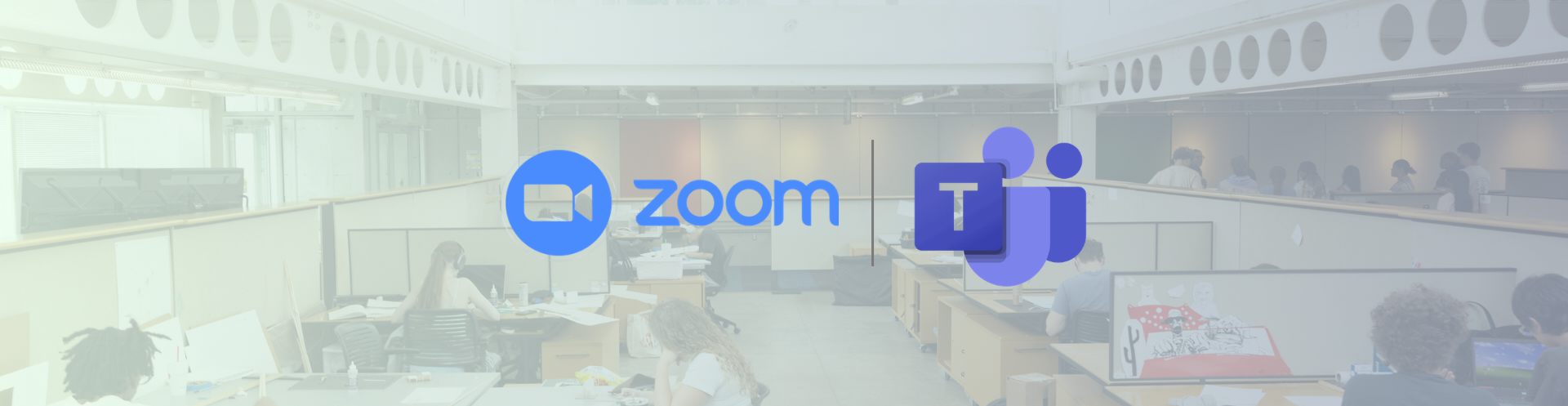 Zoom and Microsoft Teams logos are overlaid on a picture of students working on laptops at Kennesaw State University.