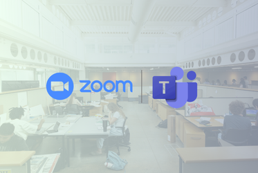 Zoom and Microsoft Teams logos are overlaid on a picture of students working on laptops at Kennesaw State University.