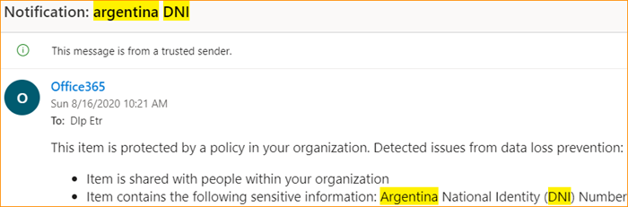 Email policy notification highlighting “Argentina DNI.” The message states the item is protected by an organizational data loss prevention policy and contains sensitive information identified as an Argentina National Identity (DNI) number.