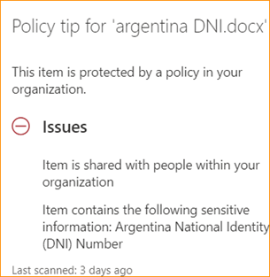 Policy tip pane for the file “argentina DNI.docx.” The policy warning states the file is protected by an organizational policy, is shared within the organization, and contains an Argentina National Identity (DNI) number.