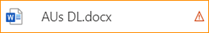 Word document named “AUs DL.docx” displayed with a warning icon indicating a policy issue or sensitivity label alert.