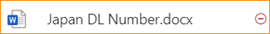 Word document named “Japan DL Number.docx” displayed with a warning icon indicating a policy issue or sensitivity label alert.