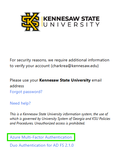 Screenshot of sign-in prompt, with "Azure Multi-Factor Authentication" selected