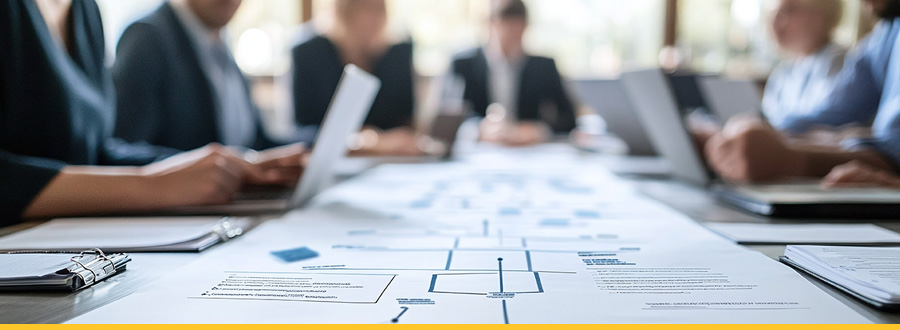 The governance committie looking over a visual representation of process mapping, showcasing steps and connections in a workflow diagram.
